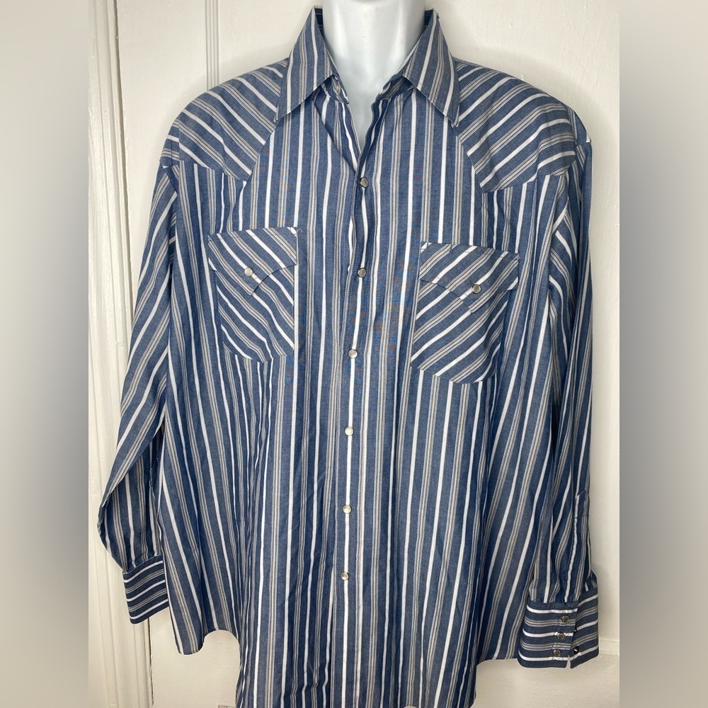Vintage Plains Western Wear Blue Striped  Pearl Snap Mens Shirt